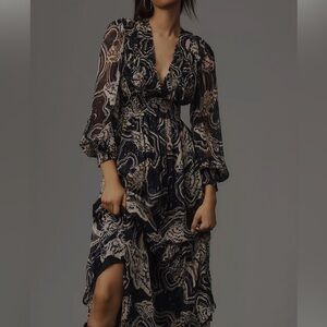 Anthropologie Printer Johnson Long-Sleeve,Textured Midi Dress size XS